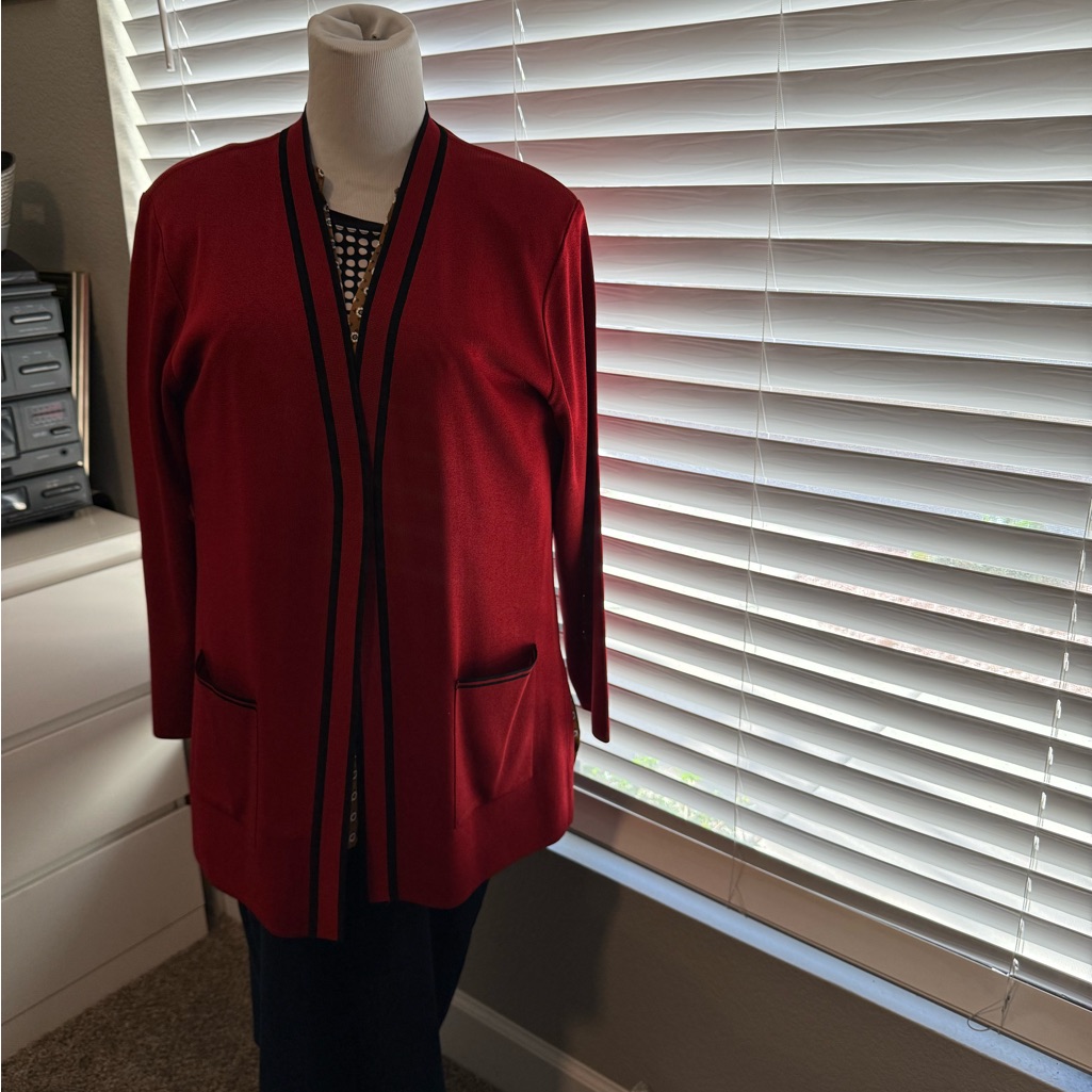 Misook Red Cardigan With Black Trim